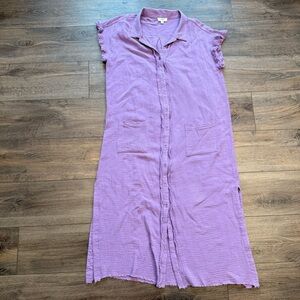 Umgee Lavender Purple Button-Front Cotton Gauze Maxi Shirt Dress